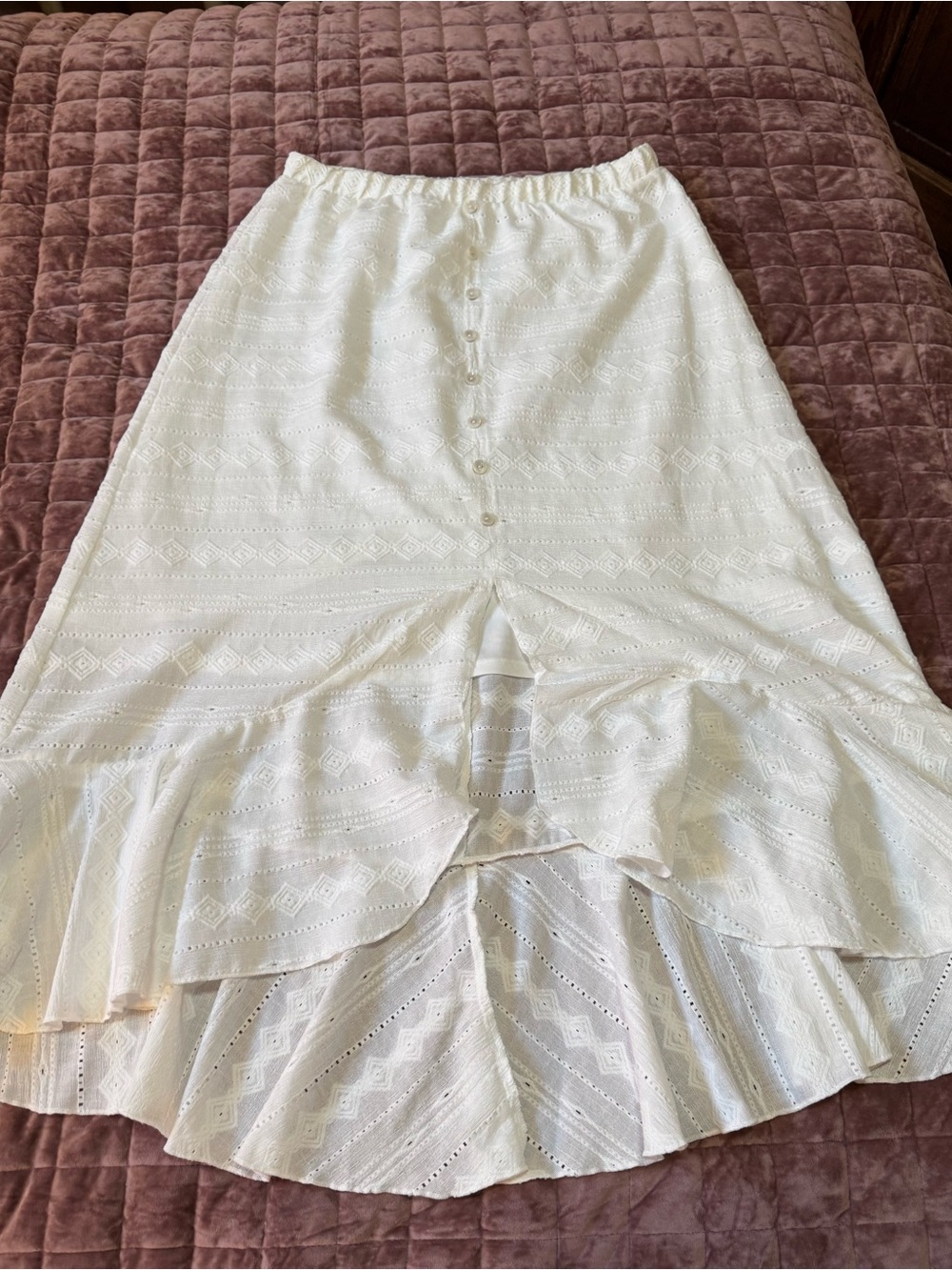 Cato Ivory Textured Button Front Ruffle Midi Skirt M Lined Coastal Boho